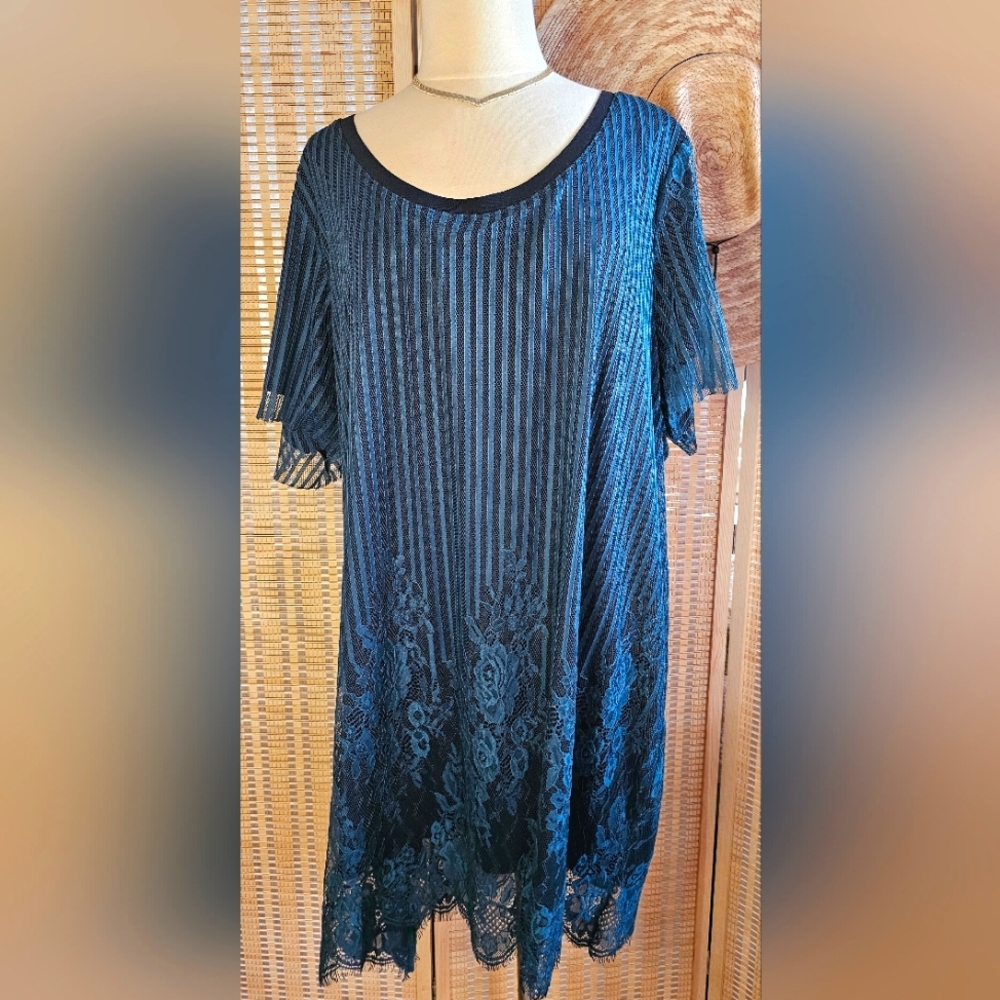 Teal Green Floral & Striped Lace Overlay Dress 1920s Style, Knee Length 3X
